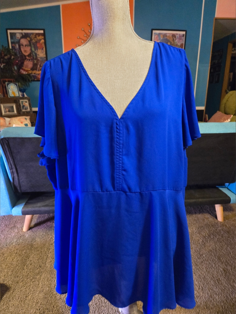 Torrid 3 Flutter Sleeve Blouse Shirt US Women's Plus Size 3X Blue V Neck
